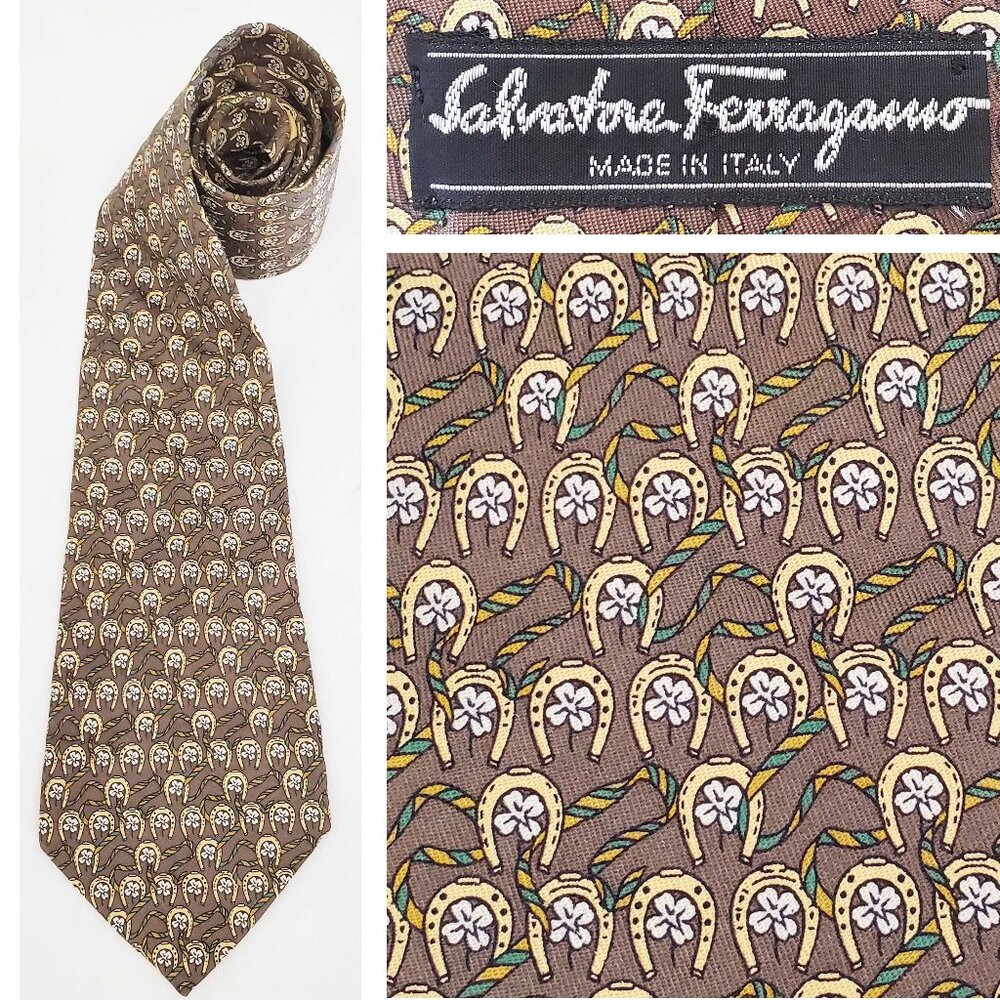 Salvatore Ferragamo Mens Silk Neck Tie Good Luck Horseshoes Clover Ribbons